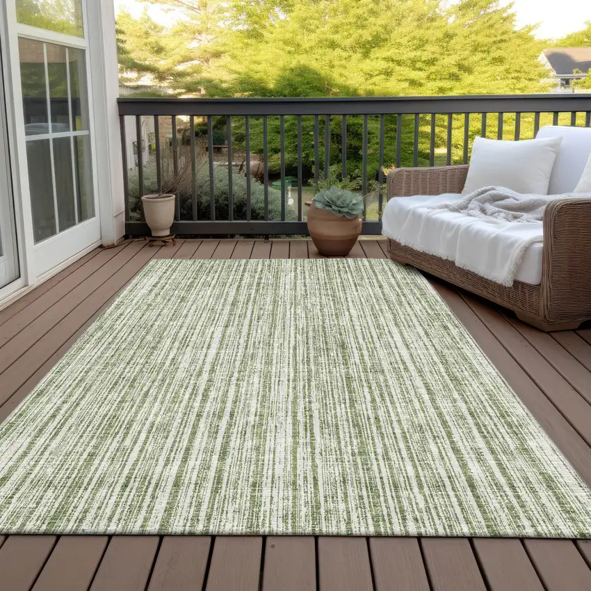 Green And Ivory Striped Washable Indoor Outdoor Area Rug Photo 6