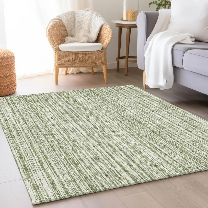 Green And Ivory Striped Washable Indoor Outdoor Area Rug Photo 9
