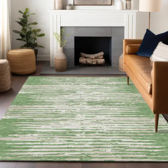 Green And Ivory Striped Washable Indoor Outdoor Area Rug Photo 8