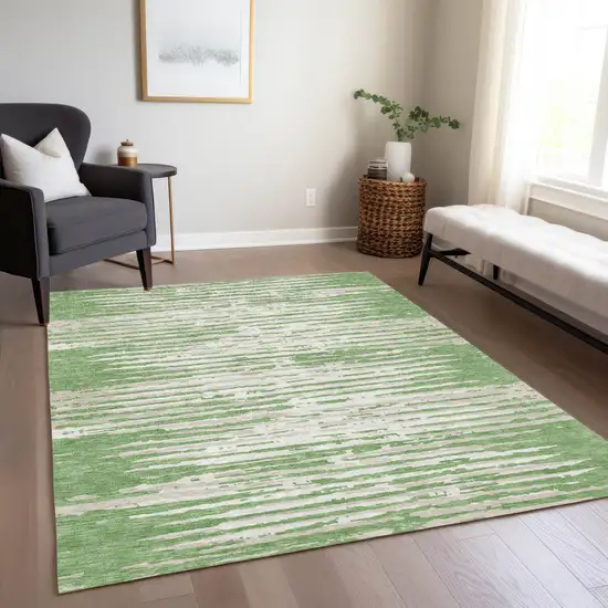Green And Ivory Striped Washable Indoor Outdoor Area Rug Photo 9