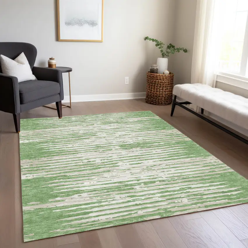 Green And Ivory Striped Washable Indoor Outdoor Area Rug Photo 9