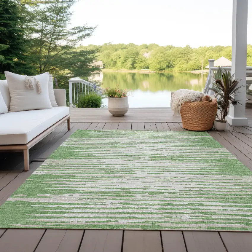 Green And Ivory Striped Washable Indoor Outdoor Area Rug Photo 8