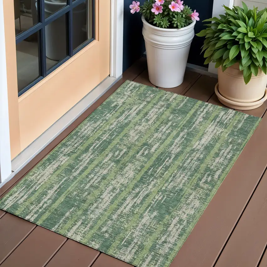 Green And Ivory Striped Washable Indoor Outdoor Area Rug Photo 1