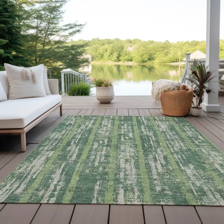 Green And Ivory Striped Washable Indoor Outdoor Area Rug Photo 8