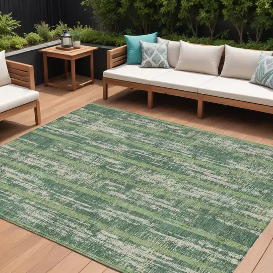 Green And Ivory Striped Washable Indoor Outdoor Area Rug Photo 1