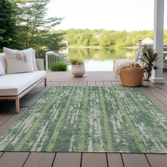 Green And Ivory Striped Washable Indoor Outdoor Area Rug Photo 8