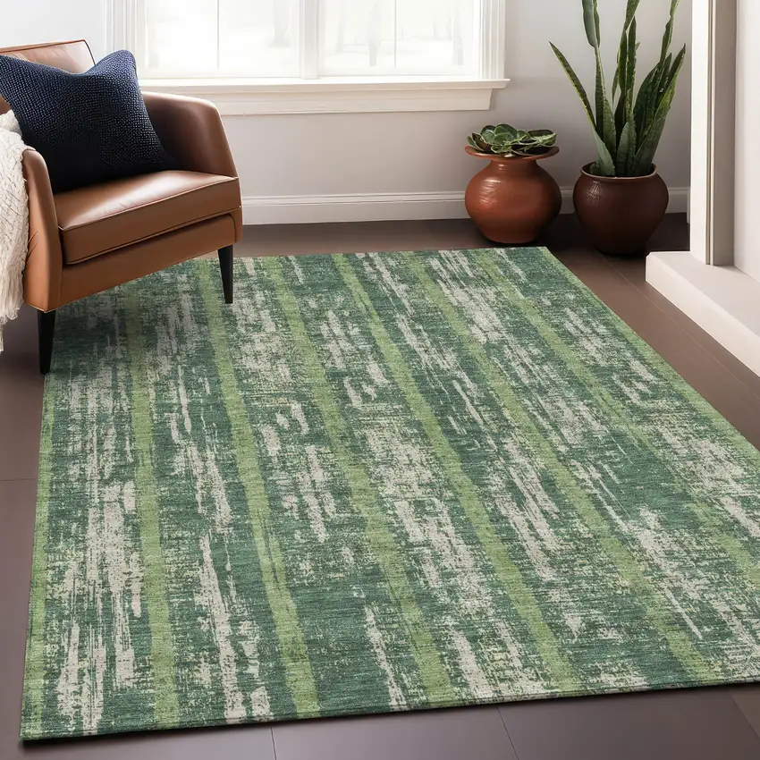 Green And Ivory Striped Washable Indoor Outdoor Area Rug Photo 9