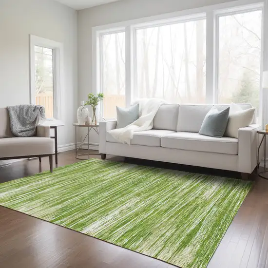 Green And Ivory Striped Washable Indoor Outdoor Area Rug Photo 9