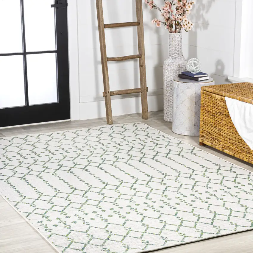 Green And Ivory Trellis Indoor Outdoor Area Rug Photo 8