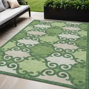 Photo of Green And Ivory Trellis Washable Indoor Outdoor Area Rug