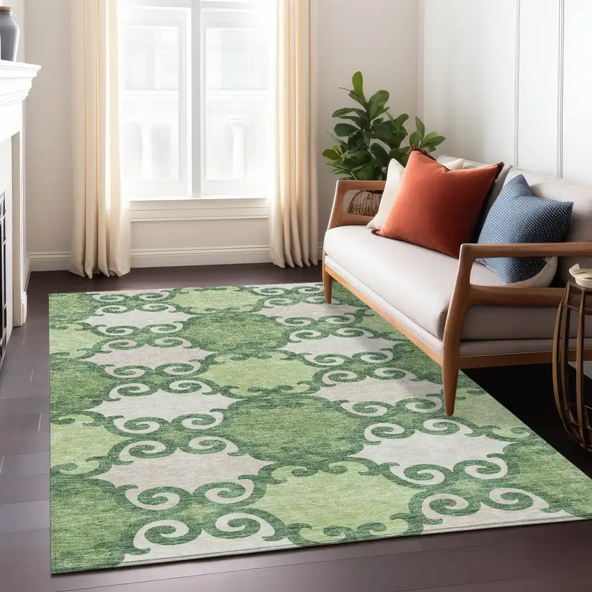 Green And Ivory Trellis Washable Indoor Outdoor Area Rug Photo 9