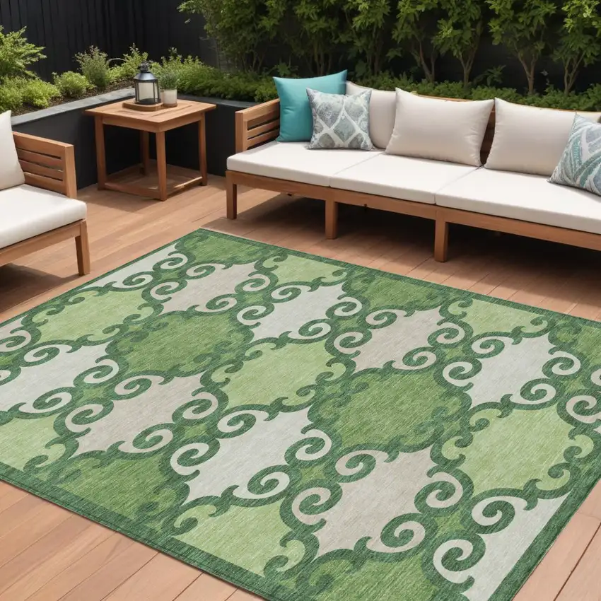 Green And Ivory Trellis Washable Indoor Outdoor Area Rug Photo 1