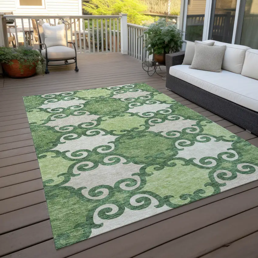 Green And Ivory Trellis Washable Indoor Outdoor Area Rug Photo 8