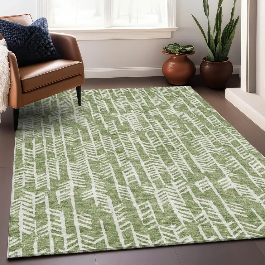 Green And Ivory Tribal Washable Area Rug With UV Protection Photo 5