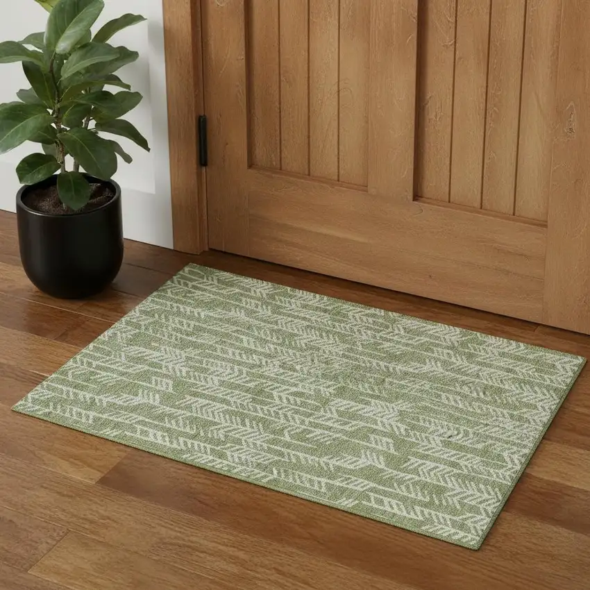 Green And Ivory Tribal Washable Area Rug With UV Protection Photo 1