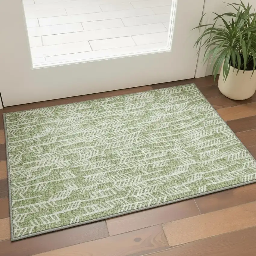 Green And Ivory Tribal Washable Area Rug With UV Protection Photo 2