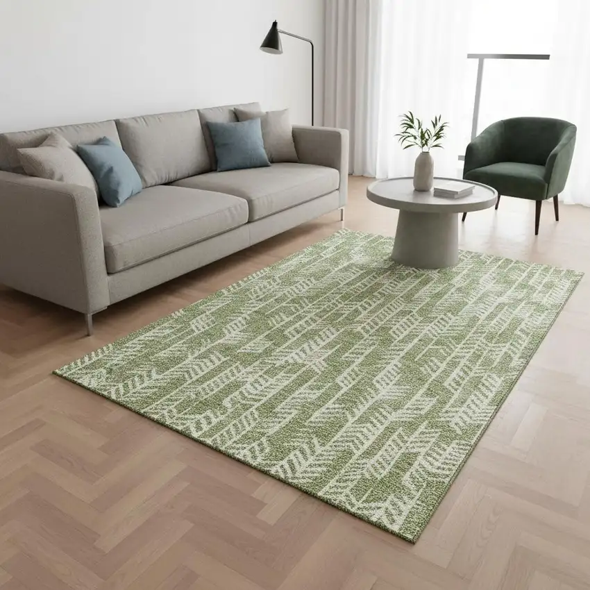 Green And Ivory Tribal Washable Area Rug With UV Protection Photo 2