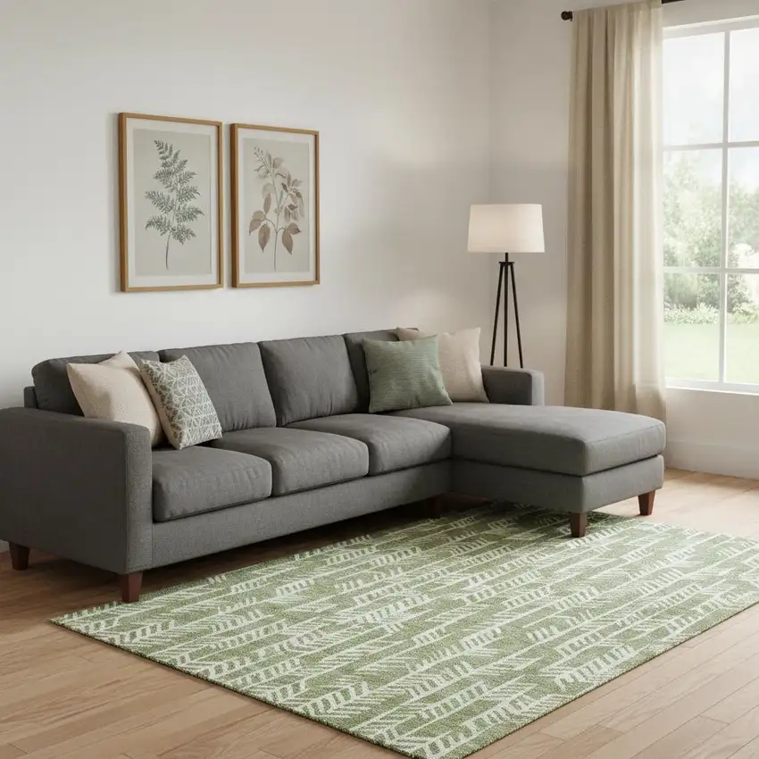 Green And Ivory Tribal Washable Area Rug With UV Protection Photo 1