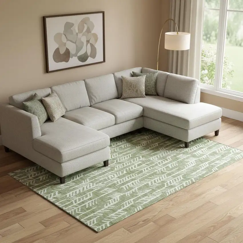 Green And Ivory Tribal Washable Area Rug With UV Protection Photo 1