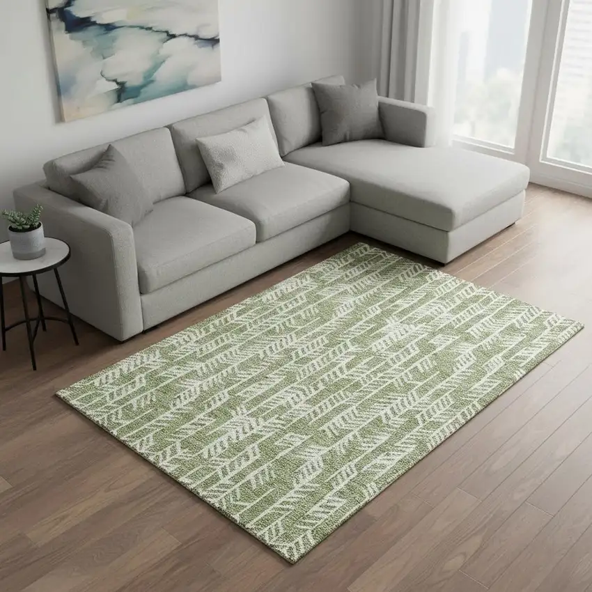 Green And Ivory Tribal Washable Area Rug With UV Protection Photo 2