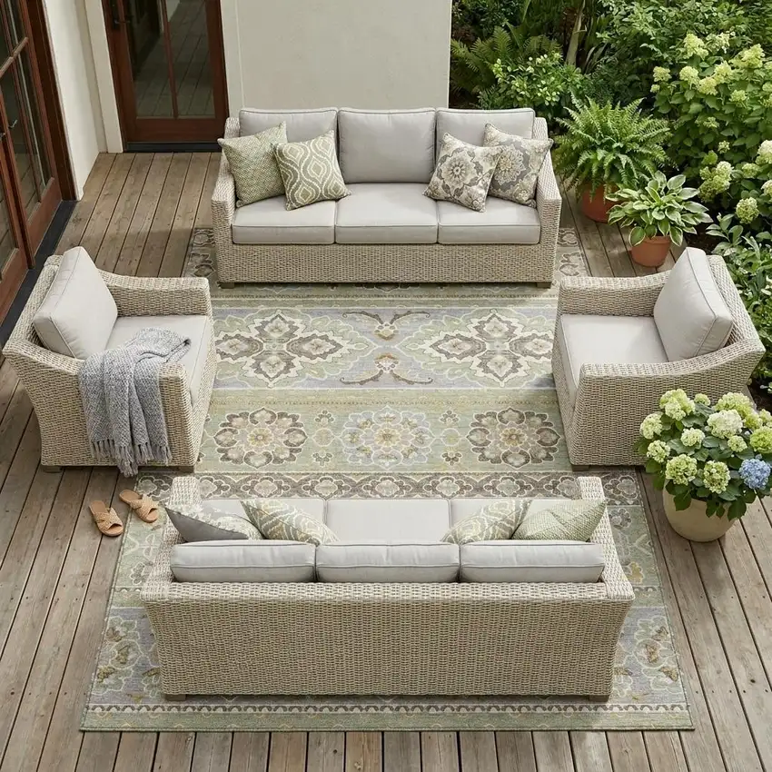 Green And Ivory Tribal Washable Indoor Outdoor Area Rug Photo 1