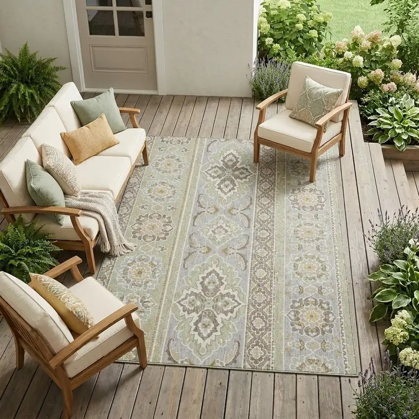 Green And Ivory Tribal Washable Indoor Outdoor Area Rug Photo 1