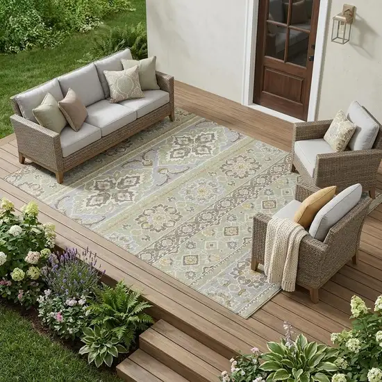 Green And Ivory Tribal Washable Indoor Outdoor Area Rug Photo 1