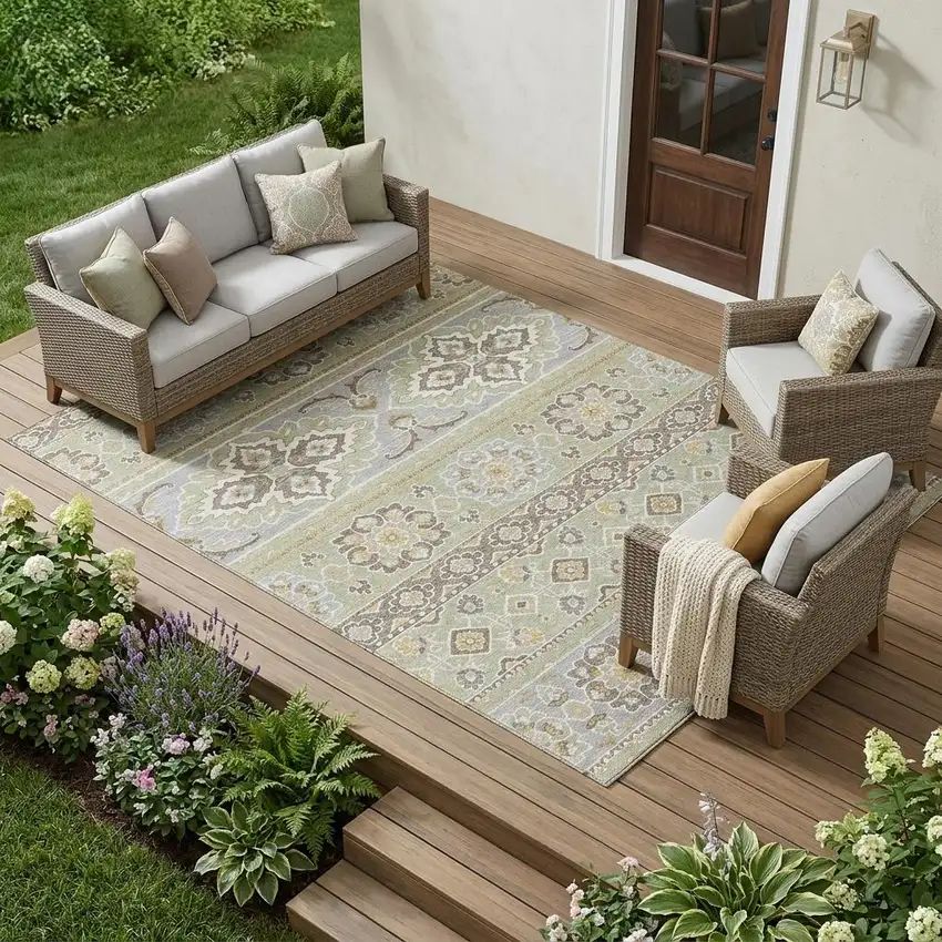 Green And Ivory Tribal Washable Indoor Outdoor Area Rug Photo 1