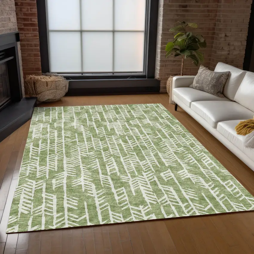 Green And Ivory Tribal Washable Indoor Outdoor Area Rug Photo 9