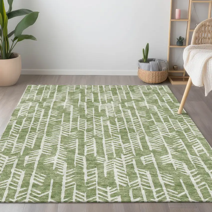 Green And Ivory Tribal Washable Indoor Outdoor Area Rug Photo 9