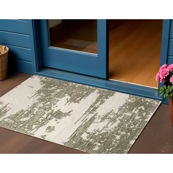 Green And Ivory Wool Abstract Hand Tufted Square Rug Photo 1