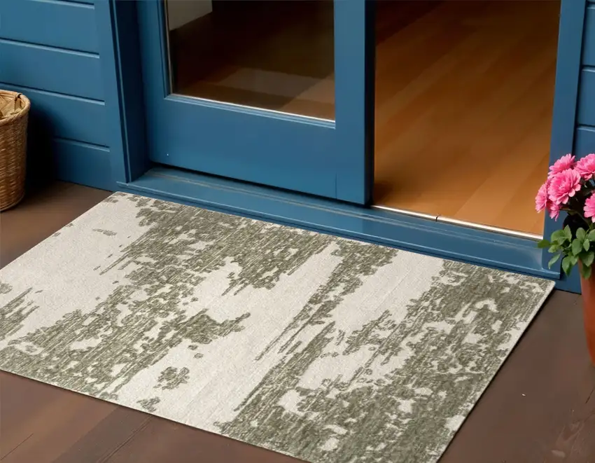 Green And Ivory Wool Abstract Hand Tufted Square Rug Photo 1