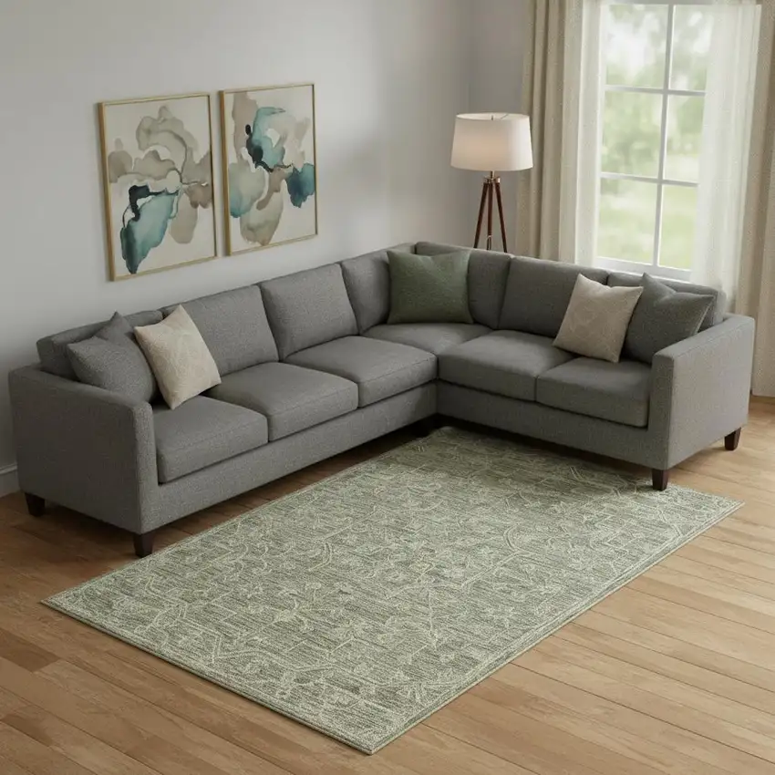 Green And Ivory Wool Floral Hand Tufted Area Rug Photo 1