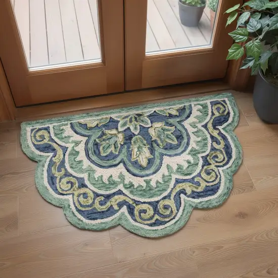 Green And Ivory Wool Medallion Hand Tufted Half Circle Rug Photo 1
