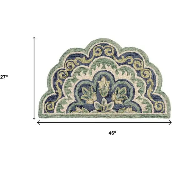 Green And Ivory Wool Medallion Hand Tufted Half Circle Rug Photo 3