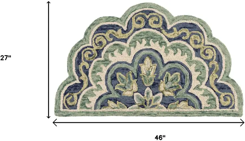 Green And Ivory Wool Medallion Hand Tufted Half Circle Rug Photo 3