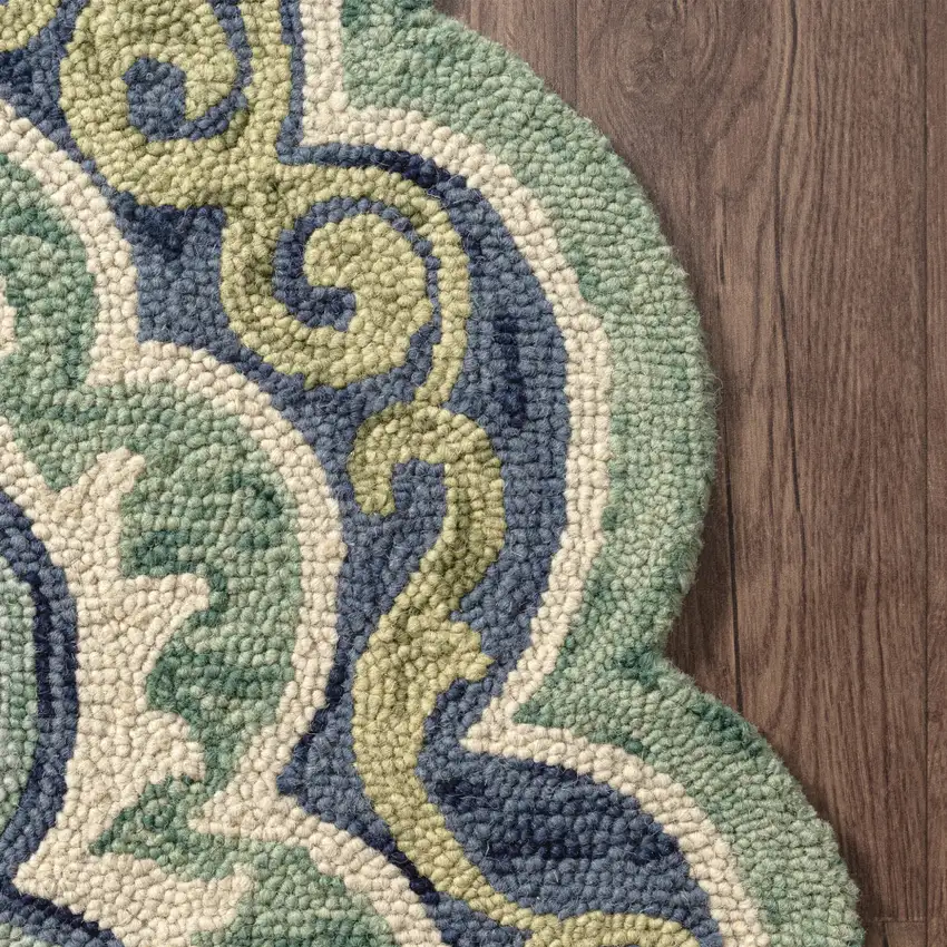 Green And Ivory Wool Medallion Hand Tufted Half Circle Rug Photo 7