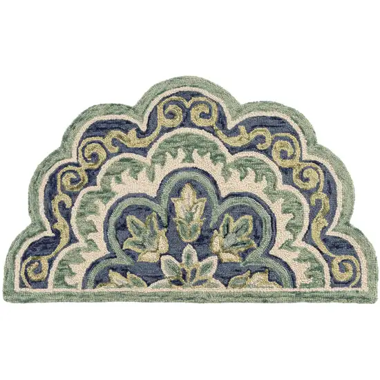 Green And Ivory Wool Medallion Hand Tufted Half Circle Rug Photo 2