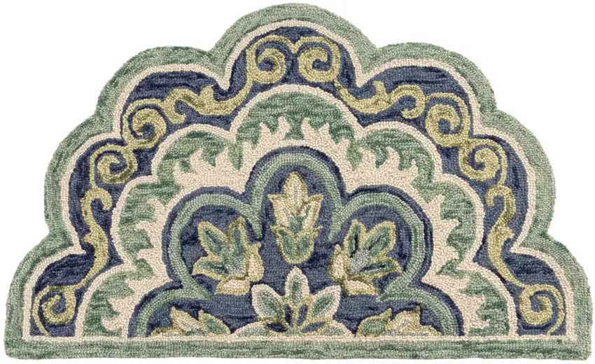 Green And Ivory Wool Medallion Hand Tufted Half Circle Rug Photo 2