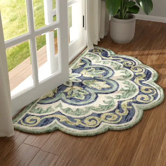 Green And Ivory Wool Medallion Hand Tufted Half Circle Rug Photo 4