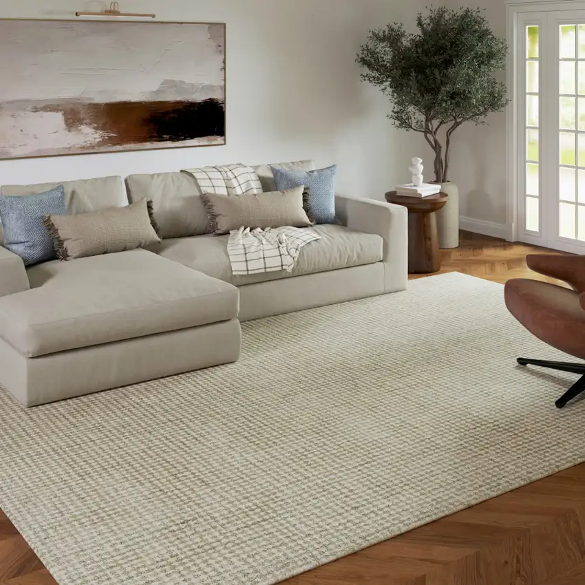 Green And Ivory Wool Polka Dot Hand Tufted Square Rug Photo 5