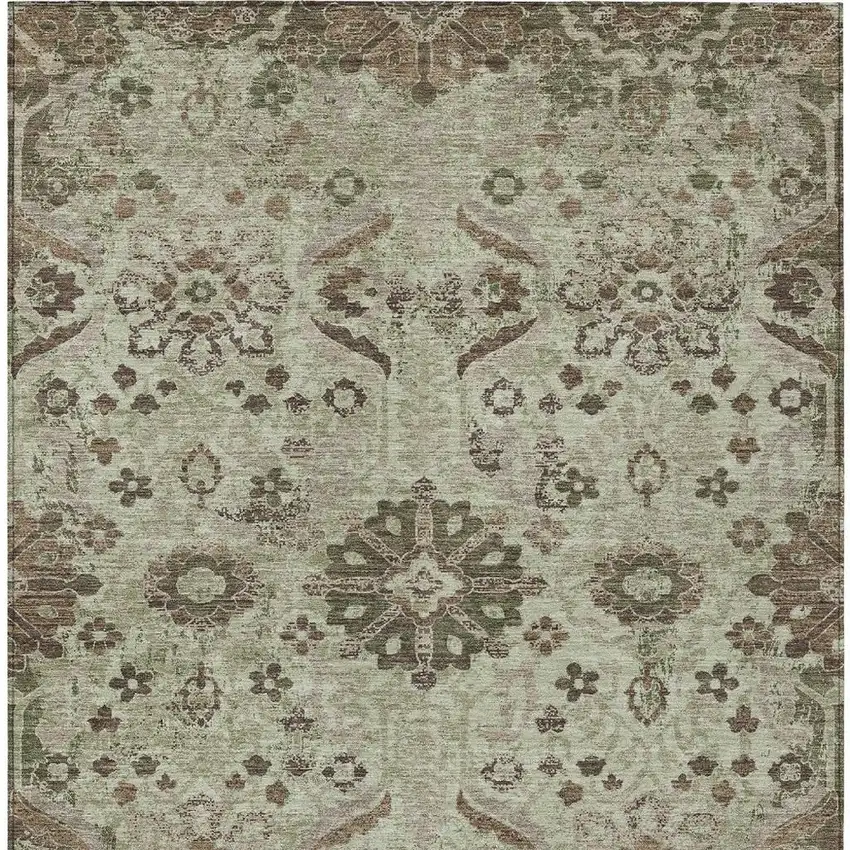 Green And Khaki Damask Washable Indoor Outdoor Area Rug Photo 3