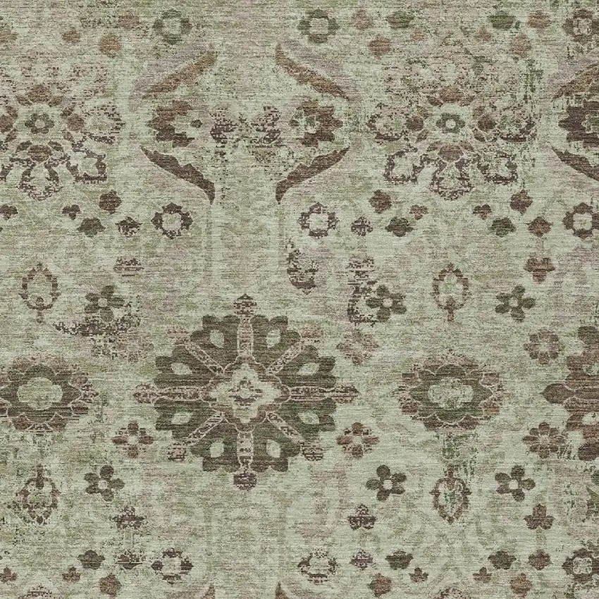 Green And Khaki Damask Washable Indoor Outdoor Area Rug Photo 2
