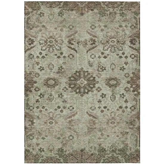 Green And Khaki Damask Washable Indoor Outdoor Area Rug Photo 1