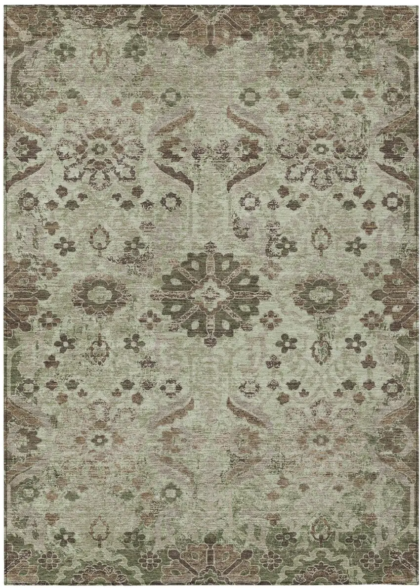 Green And Khaki Damask Washable Indoor Outdoor Area Rug Photo 1