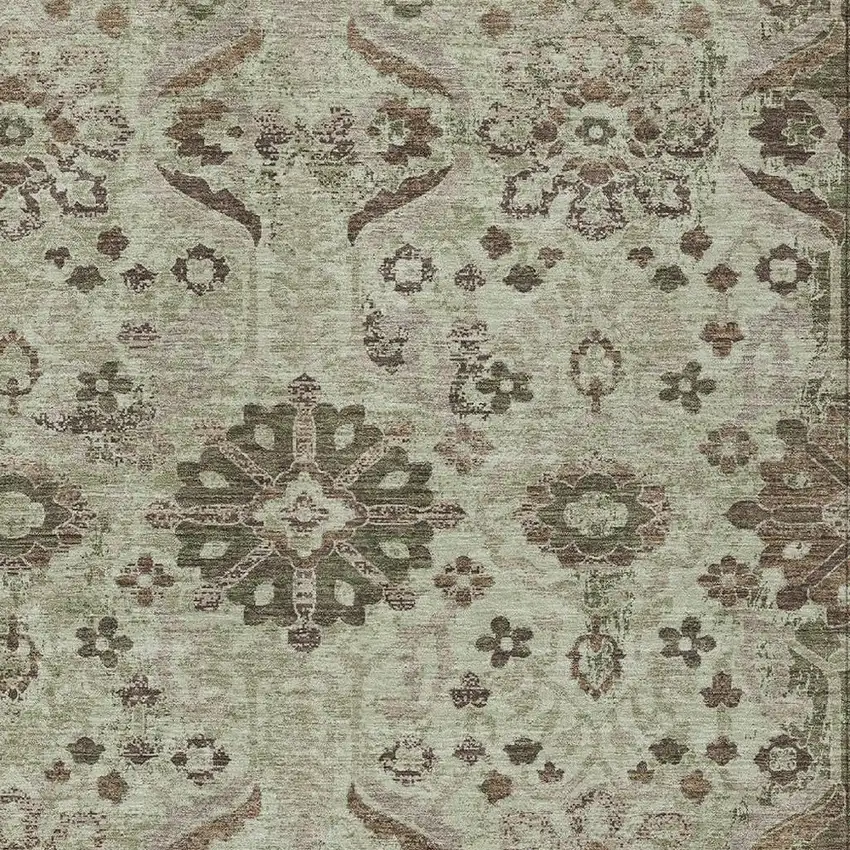Green And Khaki Damask Washable Indoor Outdoor Area Rug Photo 2