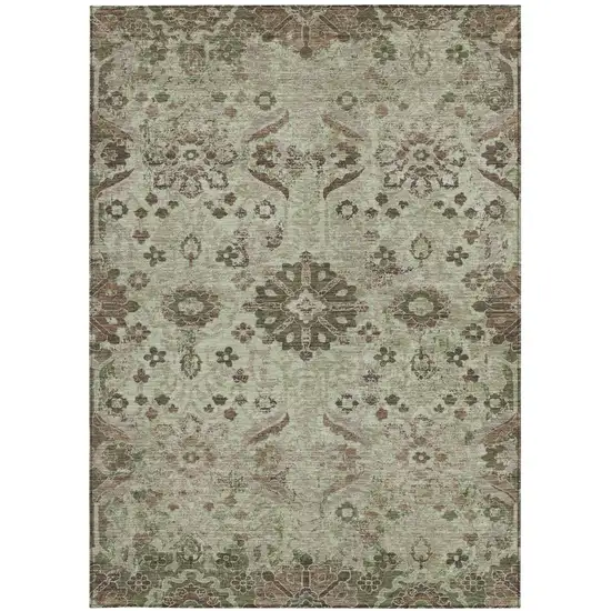 Green And Khaki Damask Washable Indoor Outdoor Area Rug Photo 3
