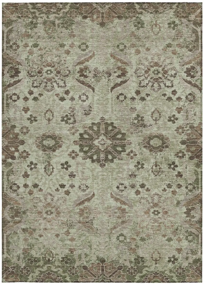 Green And Khaki Damask Washable Indoor Outdoor Area Rug Photo 3