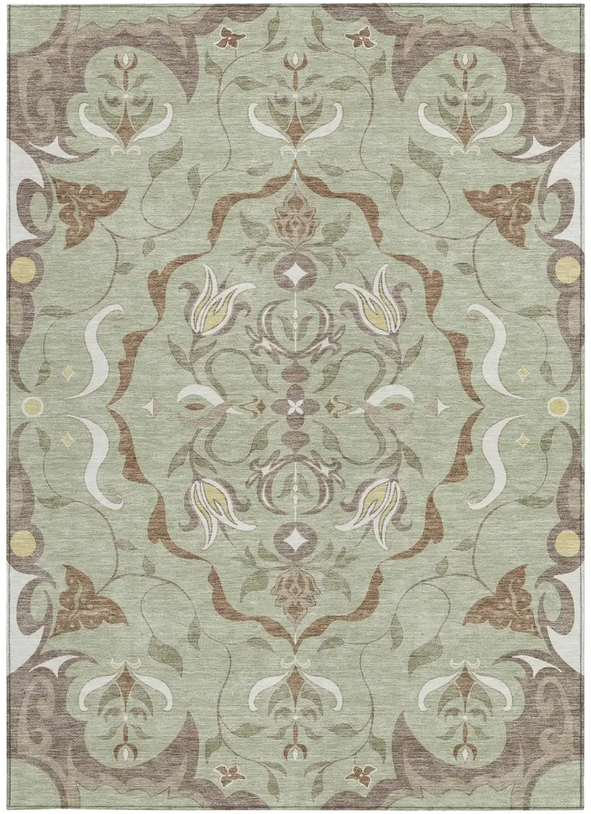 Green And Khaki Damask Washable Indoor Outdoor Area Rug Photo 3