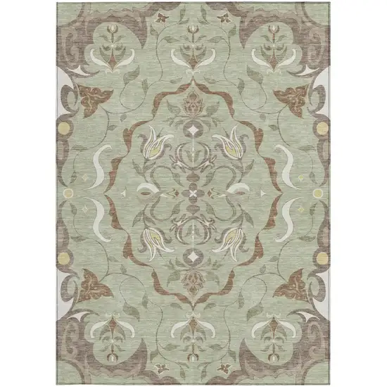 Green And Khaki Damask Washable Indoor Outdoor Area Rug Photo 3